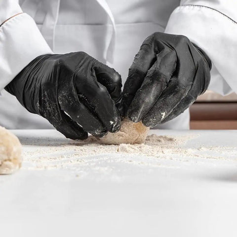 Hella Tough Black Nitrile Disposable Gloves With Killer Textured Grip And 5 Mil Puncture Resistance Latex Free Cleaning Gloves For Industrial And Household Tasks One Hundred Count Large Size, hands mixing dough.
