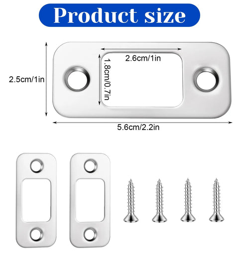 2 Pack Door Lock Plate Strike Plates For Exterior Doors One Inch By Two And One Quarter Inch Beefed Up Stainless Steel Backplates shown with screws