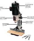 Heavy Duty Benchtop Drill Press And Mortiser With Half Inch Chisel And Four Three Quarters Inch Stroke For Weekend Warriors Who Want Rock Solid Motor Power And Fast Depth Lock On Any Custom Build. Features 1/2-HP motor, removable switch.