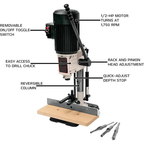 Heavy Duty Benchtop Drill Press And Mortiser With Half Inch Chisel And Four Three Quarters Inch Stroke For Weekend Warriors Who Want Rock Solid Motor Power And Fast Depth Lock On Any Custom Build. Features 1/2-HP motor, removable switch.