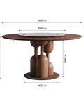 High Grade Oak Wabi Sabi Round Dining Table With 35 Inch Tempered Glass Lazy Susan And Walnut Detail dimensions and base design