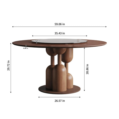 High Grade Oak Wabi Sabi Round Dining Table With 35 Inch Tempered Glass Lazy Susan And Walnut Detail dimensions and base design