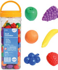 Fruit Counters Set Of 108 Kid Approved Rubber Math Blocks For Toddlers 3 To 5 Preschool Sorting Toys in a clear container.