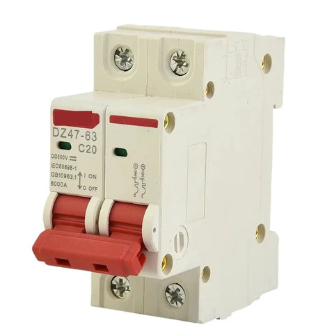 Top Notch Rock Solid Heavy Duty Two Pole Double MCB Circuit Breaker Rated Up To Sixty Three Amps At Five Hundred Volts for solar use.