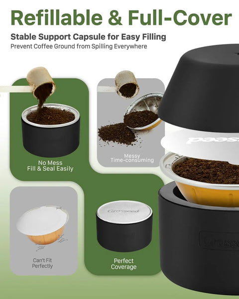Filling process of the Reusable VertuoLine Capsule Kit for Nespresso pods with 50 aluminum foil seals and included tools.