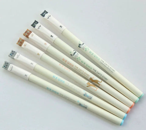 Colorful Cat Themed Gel Pens Set With 0.38mm Black Ink Adorable Cat Cap Tops Kawaii Design Sketching Writing Doodling Coloring Perfect For School Office Journaling, six pens with cat illustrations and colored tips on a white background.