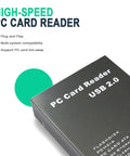 USB 2.0 PCMCIA Card Reader box showing high-speed text, plug and play, multi-system compatibility, hot-swap support features.