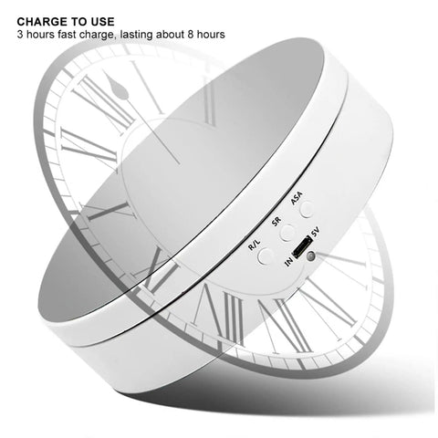 This Awesome Electric Rotating Turntable Display Stand Boasts Heavy Duty 10KG Load Bearing Power For Glittering Jewelry Watches And Digital Gadgets With Smooth Two Way Spin Action And Sleek Mirror Finish Built Tough! showing charge options and rotating feature.