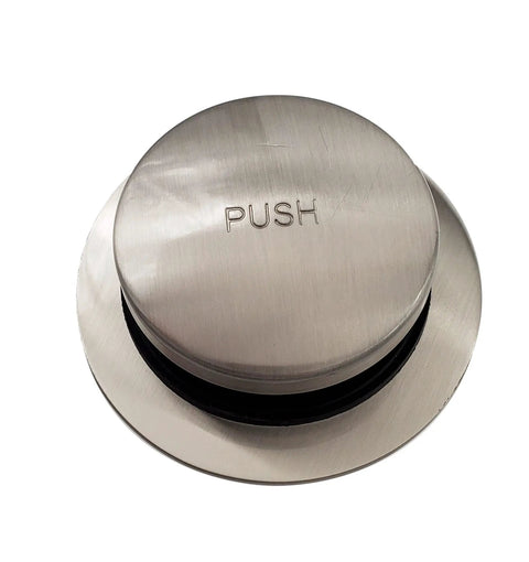One And A Half Inch Bath Waste And Overflow Kit With Tip-Toe Push-To-Close Drain Plug, satin nickel finish close-up top view