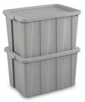 Tough As Nails 30 Gallon Storage Bins With Secure Lids Heavy Duty Plastic Totes Set Of 8 stacked gray containers.