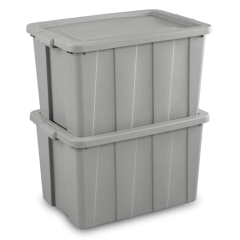 Tough As Nails 30 Gallon Storage Bins With Secure Lids Heavy Duty Plastic Totes Set Of 8 stacked gray containers.