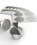 Aluminum Lids For Reusable Nespresso Original Line Capsules 200 Pack, metal lids and adhesive foil seals displayed with pods.