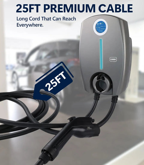 Rugged Outdoor Level 2 EV Charger Up To 40 Amps With NEMA 14 50 Outlet J1772 Compatible Fast Charging Station shown with 25ft cable.