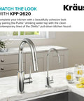 Purita Lead-Free Kitchen Water Filter Faucet, Chrome Finish, next to Oletto pull-down kitchen faucet on countertop.