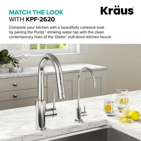 Purita Lead-Free Kitchen Water Filter Faucet, Chrome Finish, next to Oletto pull-down kitchen faucet on countertop.