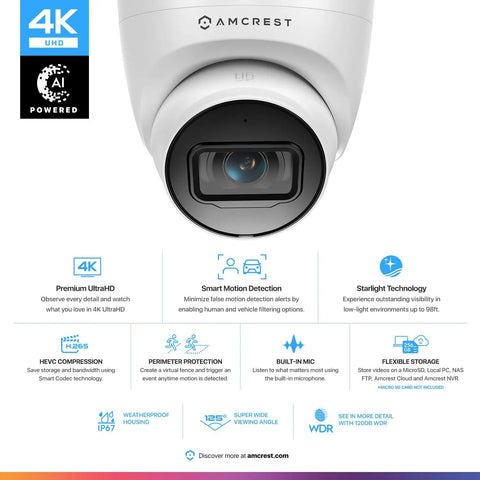 UltraHD 4K Outdoor Security Turret Cam PoE With 3840x2160 Clarity 98ft Night Vision IP67 Weatherproof front view