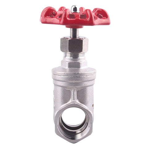 Gate valve with red wheel handle; 2-inch stainless steel body with female NPT ports