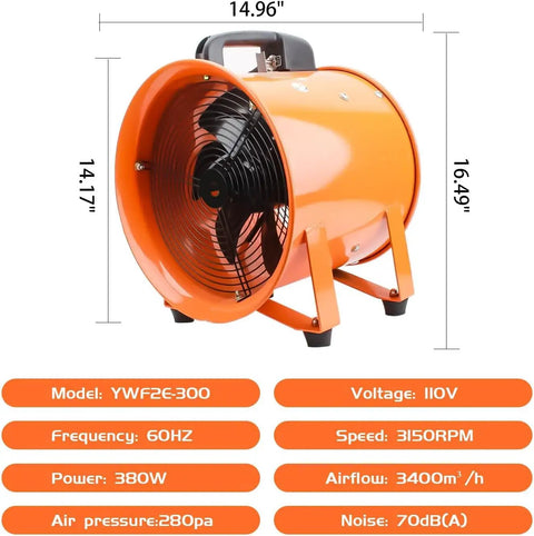 Powerful 12-Inch High Velocity Portable Blower Fan With 33ft Flexible Duct Hose Industrial Exhaust Ventilator 3150 RPM Low-Noise Cooling