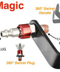 Steel Pneumatic Rafter Hook Hanger With One Quarter Inch Air Tool Swivel Fitting featuring 360 swivel handle and plug details.