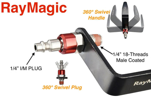 Steel Pneumatic Rafter Hook Hanger With One Quarter Inch Air Tool Swivel Fitting featuring 360 swivel handle and plug details.