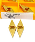 Premium Carbide External Turning Insert For Metal Machining VCMT160404-MA in yellow storage case, two inserts visible.