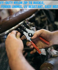 Hands using pliers with Heavy Duty Nylon Zip Tie Buckles For Cars And Engine Bay Reusable Universal Locking Ties UV Resistant