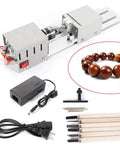 Front view of BACHIN mini wood lathe with silver metal body; 2.76×6.3 in, 12–24V 96W, includes power adapter and chisels.
