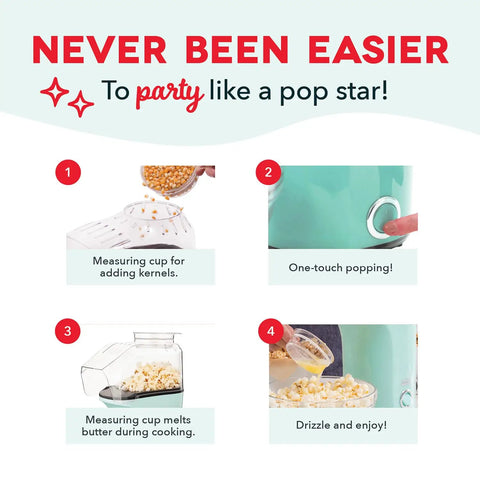 Fast 3 Minute Oil Free Hot Air Popcorn Maker 16 Cup Capacity Electric Popper Machine features measuring cup for kernels.