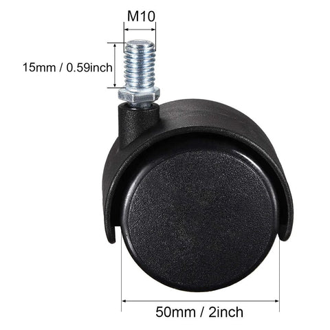 2 Inch Nylon Swivel Caster Wheel with M10 Threaded Stem 15mm Thread Length Twin Wheel Design