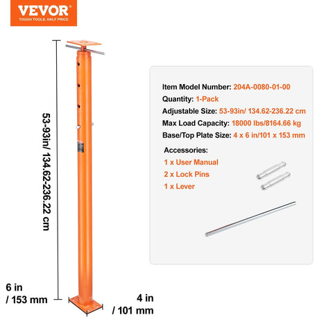 VEVOR orange steel floor jack post, side view, height 53–93 in, 18000 lb capacity