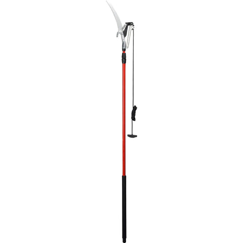 14 Foot Extendable Tree Pruner With RazorTOOTH DualCOMPOUND Action showing curved saw blade and powerglide rope pull system.