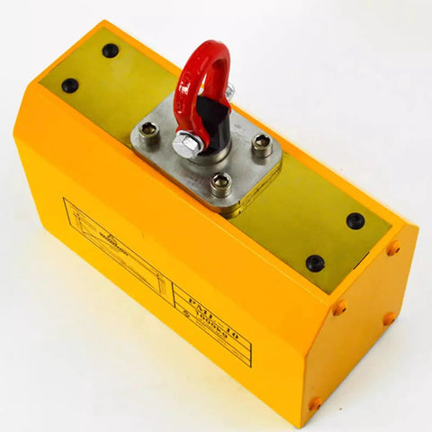 Zero Fuss Heavy Duty Automatic Magnetic Lifter 2200 Lbs Capacity industrial hoist grip with a red hook and yellow body.