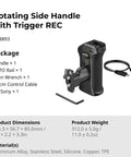 Rotating Side Handle With REC Trigger for Alpha Mirrorless Cameras shown with accessories and dimensions in packaging
