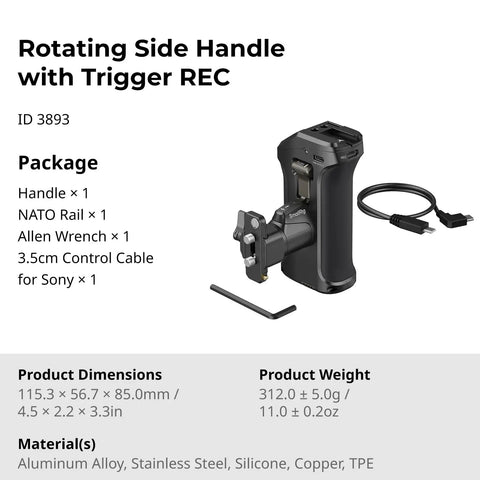 Rotating Side Handle With REC Trigger for Alpha Mirrorless Cameras shown with accessories and dimensions in packaging