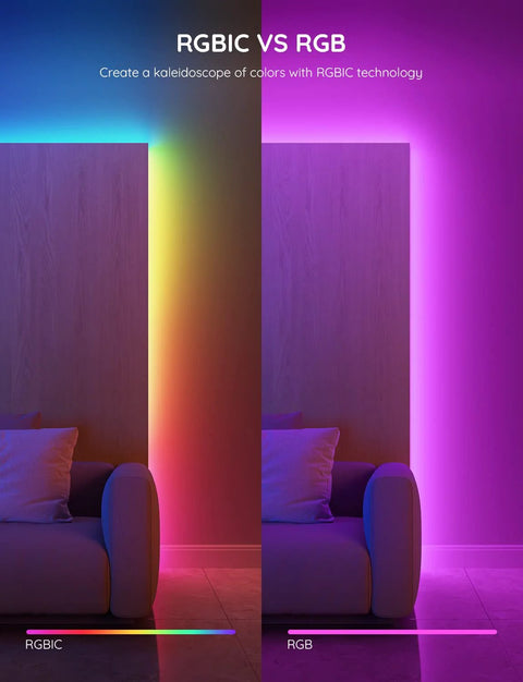 Govee RGBIC LED strip lights, 16.4 ft, two-panel display comparing RGBIC and RGB color modes for home decor