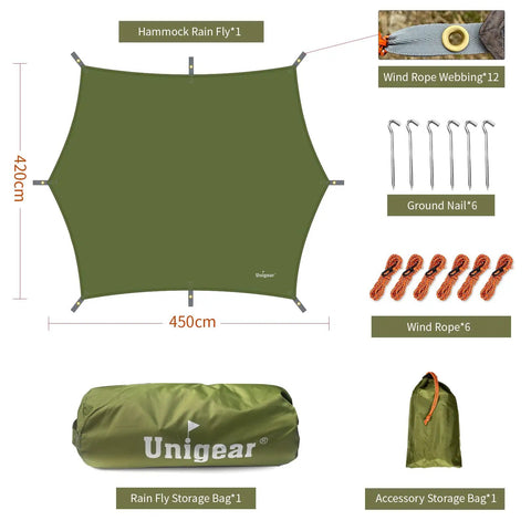 Hexagon Hammock Rain Fly Waterproof Camping Tarp 12x10 To 15x14 Ft with accessories, ropes, and storage bags shown.