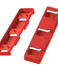 Red Three Slot 18V Battery Holder Mount for Workshop Garage Van Shelf and Toolbox Organization, top and bottom view
