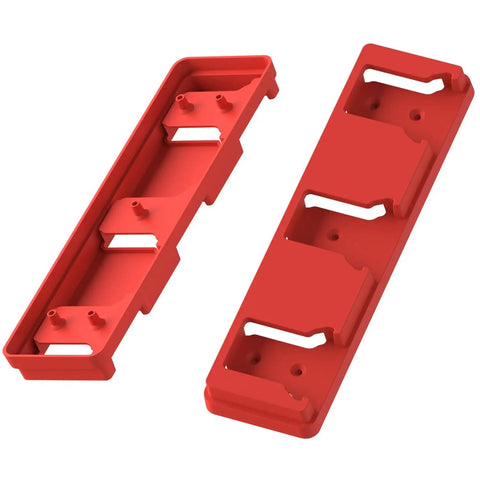 Red Three Slot 18V Battery Holder Mount for Workshop Garage Van Shelf and Toolbox Organization, top and bottom view