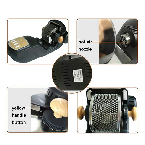 Close-up of Fresh Batch Game Changer Home Coffee Roaster features including hot air nozzle and yellow handle button.