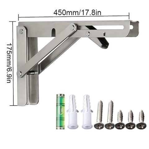 Heavy Duty Shelf Brackets 2 Pack 8 Inch Folding Wall Mount Supports Stainless Steel Floating Shelves Built Tough with screws and level.