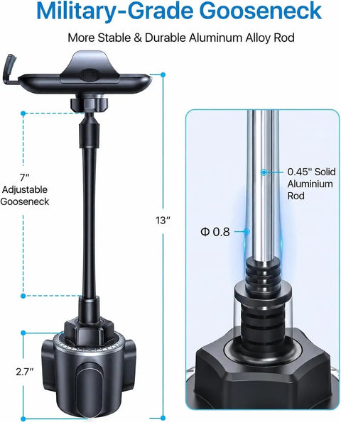 Built Tough Cup Holder Phone Mount with 0.45" solid aluminum alloy gooseneck and adjustable 13" height for cars and trucks