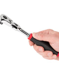 Hand holding Flexible Head Quick Release Ratchet Set With Comfort Grip Handles In One Quarter Inch Three Eighth Inch And One Half Inch Drives Ninety Tooth Gear