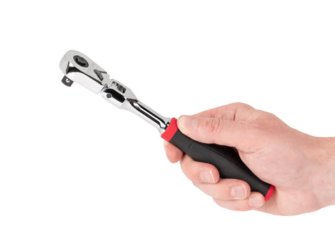 Hand holding Flexible Head Quick Release Ratchet Set With Comfort Grip Handles In One Quarter Inch Three Eighth Inch And One Half Inch Drives Ninety Tooth Gear