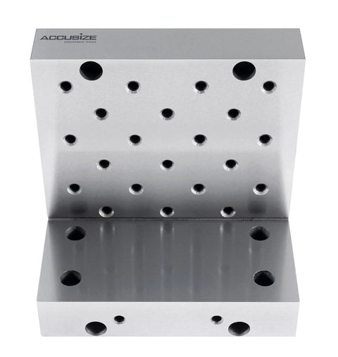 Accusize precision angle plate, 6x6x4 in, metal with multiple through-holes.