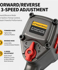Professional Grade Half Inch Air Impact Wrench Boasting Dual Hammer Action And Stepless Speed Trigger, featuring forward/reverse mode and 3-speed adjustment.