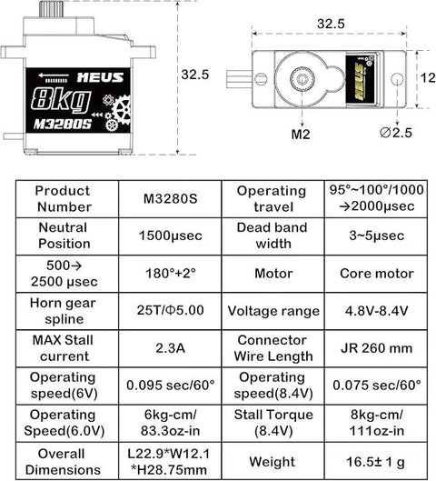 Diagram of Heavy Duty 25T Metal Gear Steering Servo For TRX4M 1 To 18 RC Crawler with dimensions and specifications table