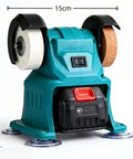 Compact Vertical Bench Grinder Mini Electric Sharpener Rechargeable Cordless Machine For Knife Tool Rust Removal Polishing And Diy Craft Projects Home Workshop Use Portable Desktop Grinding Unit, front view showing wheels and controls.