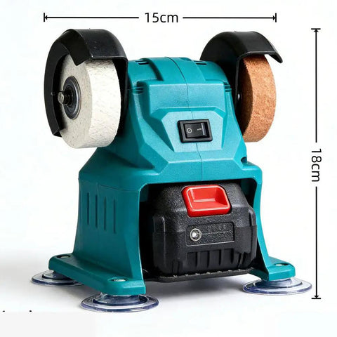 Compact Vertical Bench Grinder Mini Electric Sharpener Rechargeable Cordless Machine For Knife Tool Rust Removal Polishing And Diy Craft Projects Home Workshop Use Portable Desktop Grinding Unit, front view showing wheels and controls.