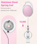 Pink 2 Pack Heavy Duty Retractable Badge Reel With 24 Inch Nylon Rope Carabiner Clip And Key Ring ABS Casing With Stainless Steel Spring Strong Retraction For ID Badges Keys And Access Cards Everyday Durable Keychain showing stainless steel spring coil detail.