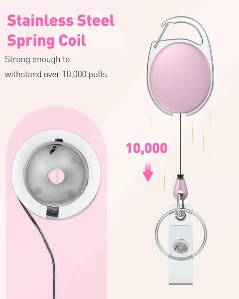 Pink 2 Pack Heavy Duty Retractable Badge Reel With 24 Inch Nylon Rope Carabiner Clip And Key Ring ABS Casing With Stainless Steel Spring Strong Retraction For ID Badges Keys And Access Cards Everyday Durable Keychain showing stainless steel spring coil detail.